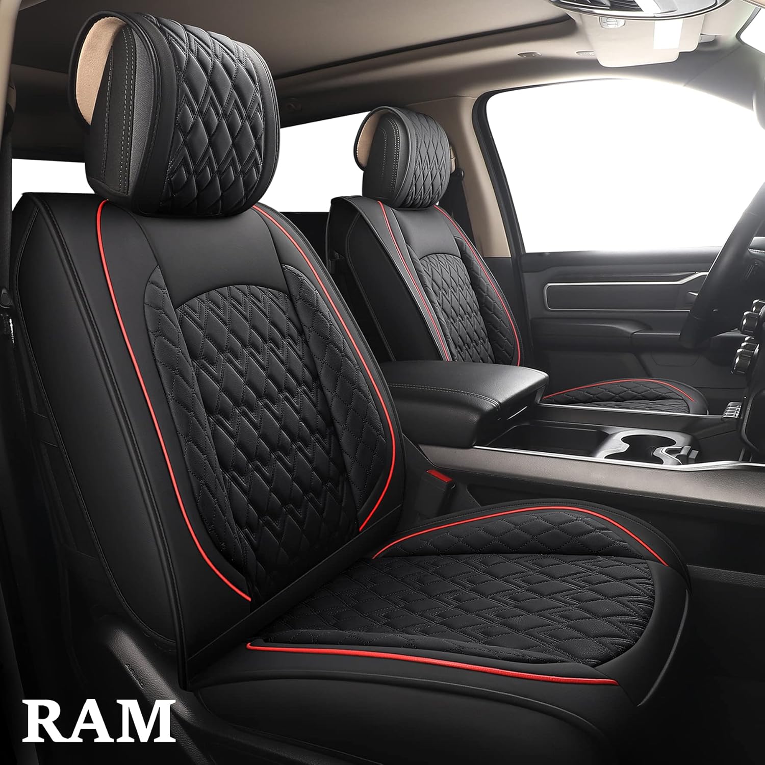 JOJOBAY Car Seat Covers for Dodge Ram 2 Pcs Front,Fit Ram 2009-2022 1500/2500/3500 Pick-up Truck,Crew,Regular,Quad,Mega Cab,Waterproof Synthetic Leather Seat Covers Protectors（2 PCS Front,Black-Grey）