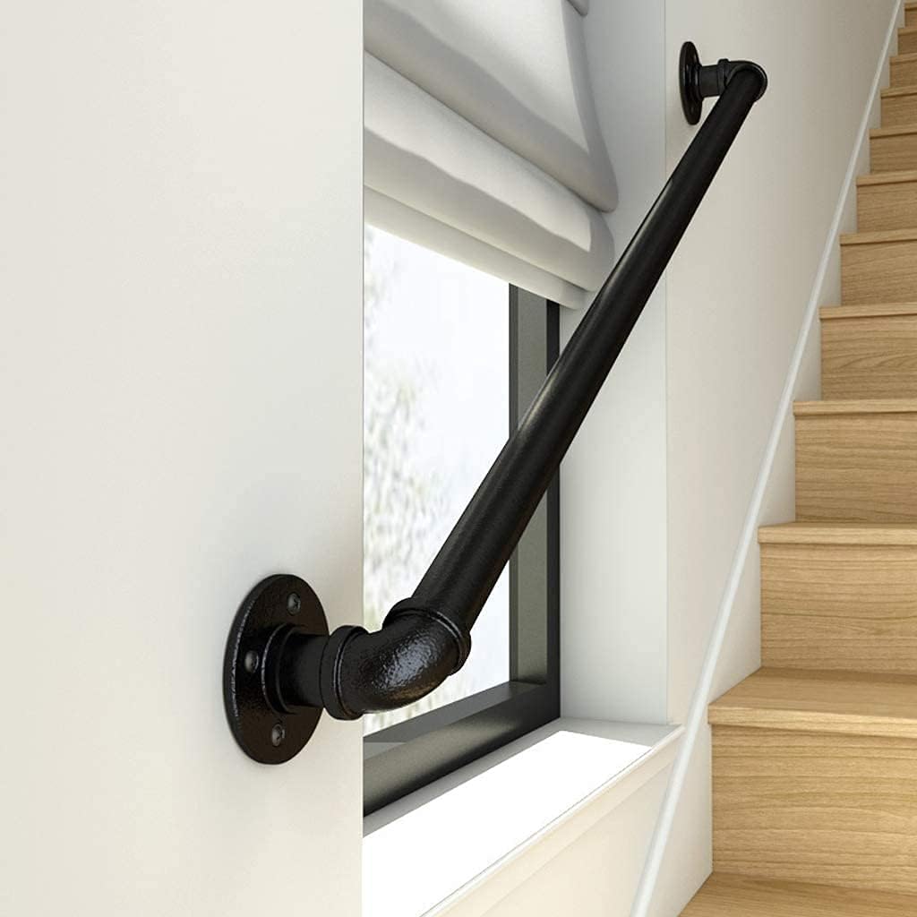 KaBenGo Hand Railings for Stairs Metal Pipe Staircase Handrail Wall Mount Decoration Rail for Outdoor & Indoor Steps Baluster Complete Kit/Easy to Install Banister (Satin Black) (3ft), 3 Feet