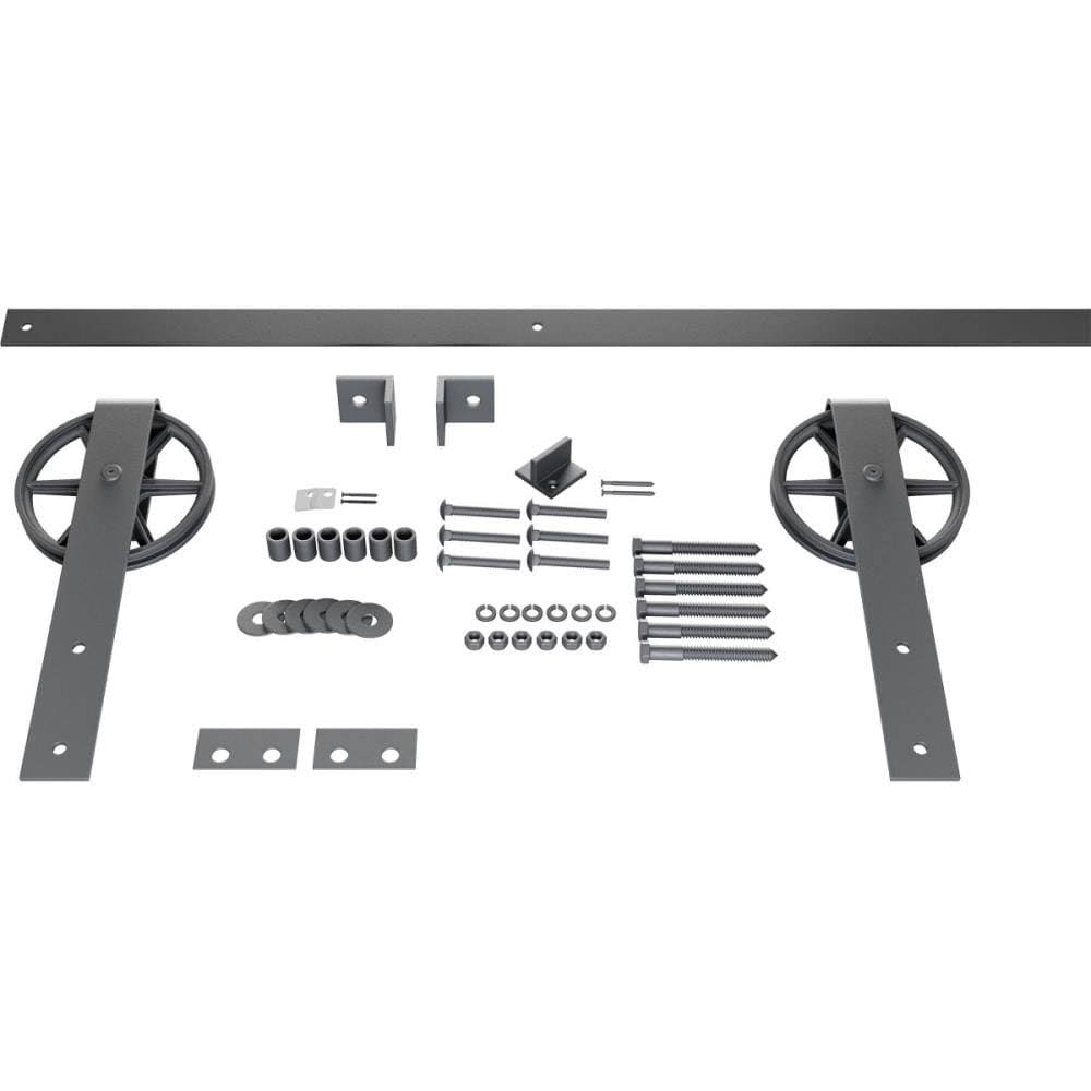 Goldberg Brothers Premium Wagon Wheel Strap Barn Door Hardware Set w/ 5& 4 inch Track for 1 3/8 inch Doors, Silver Metallic, Siz