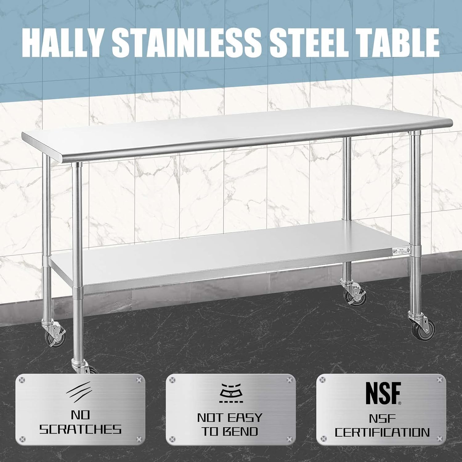 Hally Stainless Steel Table for Prep & Work 24 x 36 Inches with Caster Wheels, NSF Commercial Heavy Duty Table with Undershelf and Galvanized Legs for Restaurant, Home and Hotel