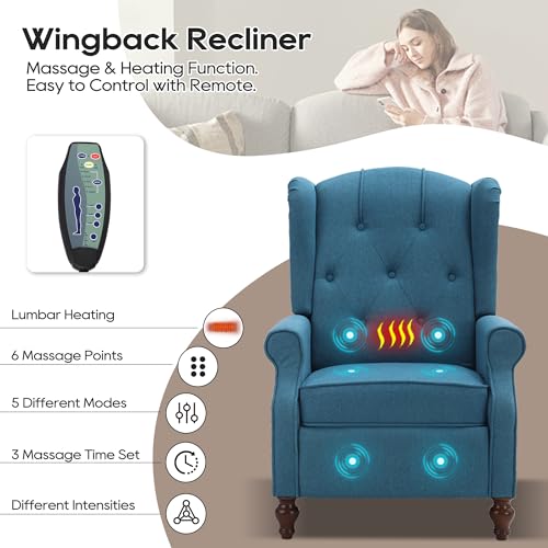 Wingback Recliner Chair with Massage and Heat, Tufted Fabric Pushback Recliner Chair, Wingback Chair with Remote Control, Padded Cushion, Wooden Legs, Small Recliners for Small Spaces