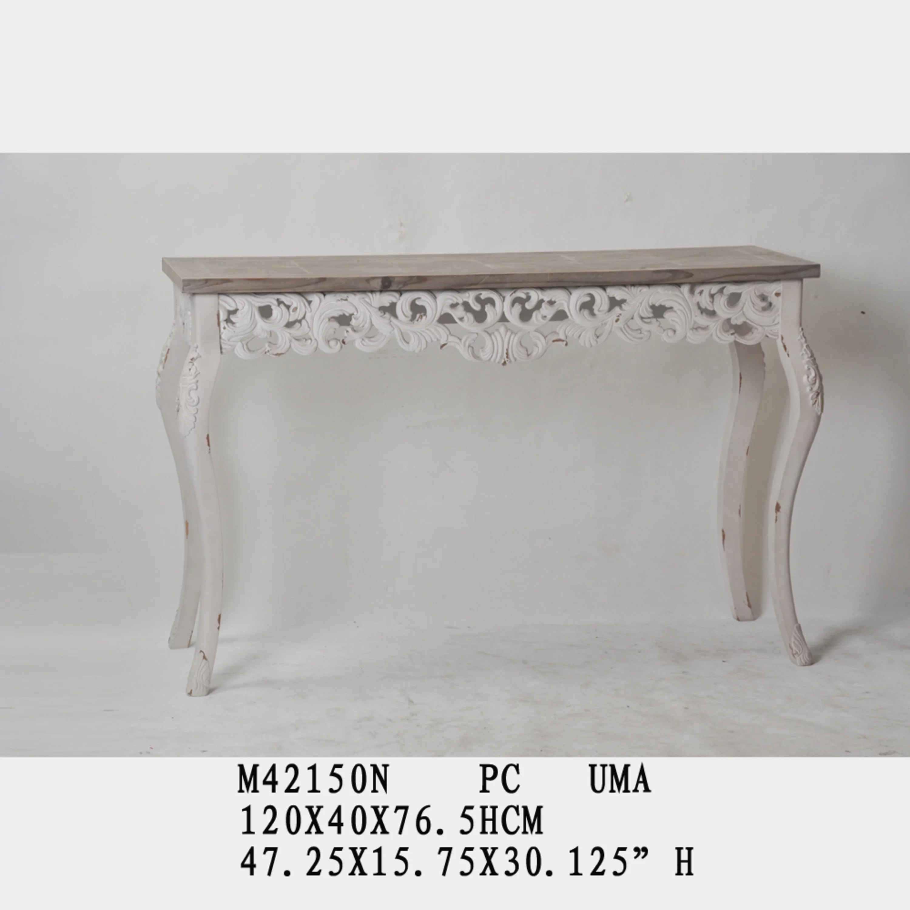 DecMode 46" x 30" White Wood Intricately Carved Floral Console Table with Brown Wood Top, 1-Piece