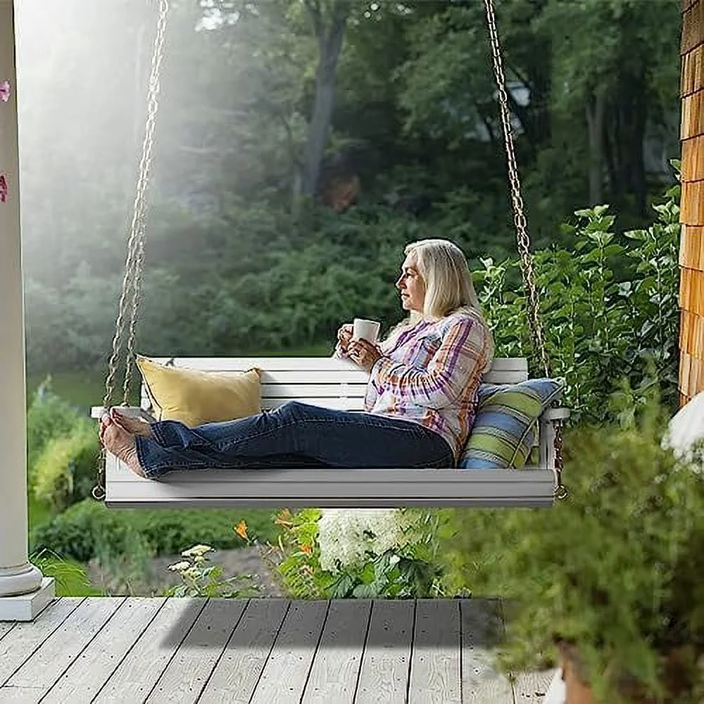 HJNIUNIU Upgraded Patio Wooden Porch Swing for Courtyard &amp; Garden  Heavy Duty 880 LBS Swing Chair Bench with Hanging Chains for Outdoors (5 FT  White)
