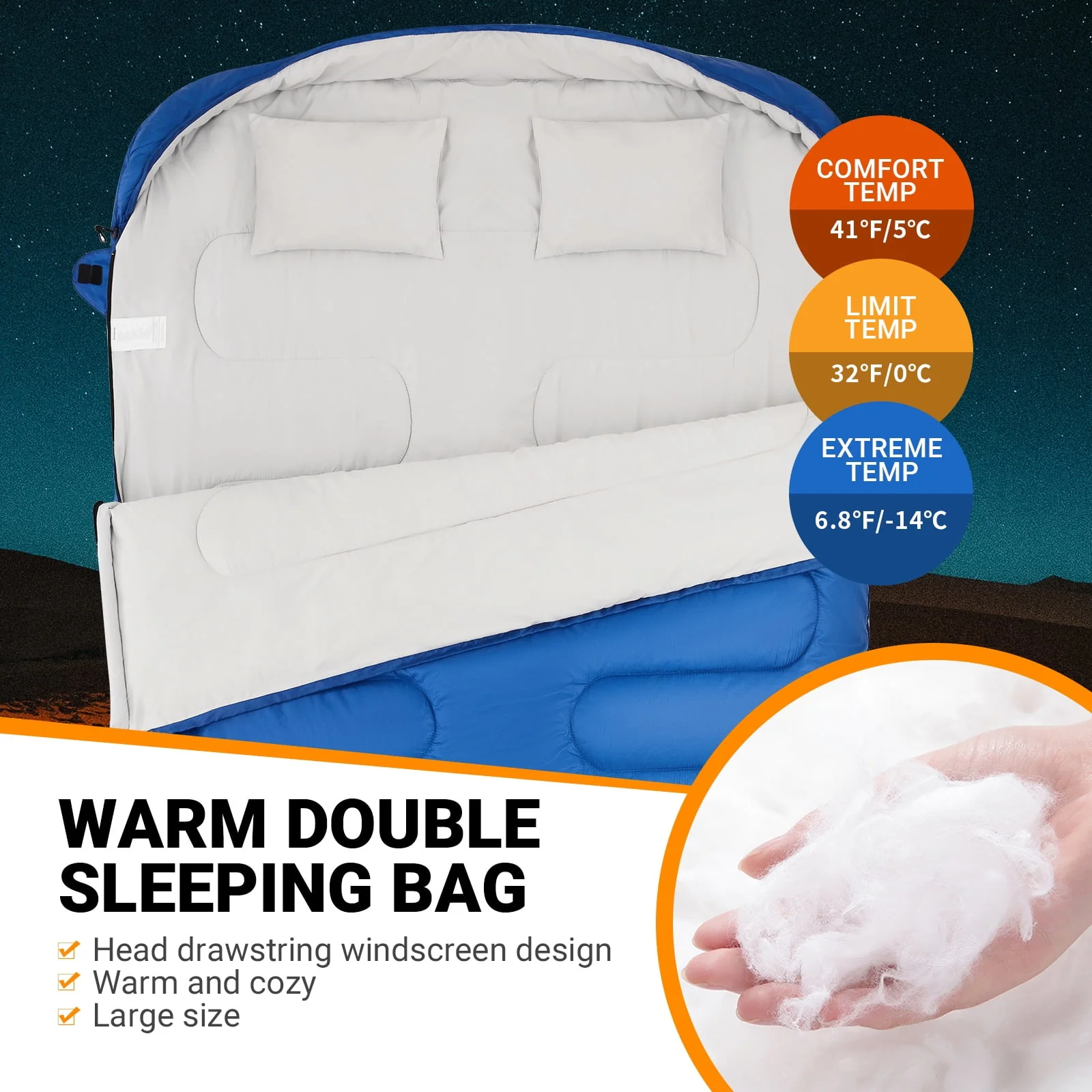 KingCamp Double Sleeping Bag with 2 Pillows for Adult 2 Person 3 Season Camping Sleeping Bag (Blue,6.8℉-41℉)