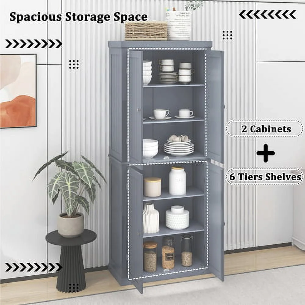 Motent Freestanding Tall Kitchen Pantry, 72.4" Minimalist Kitchen Storage Cabinet, Large Display Cabinet, Storage Cabinet for Living Room with 4 Doors and Adjustable Shelves, Gary