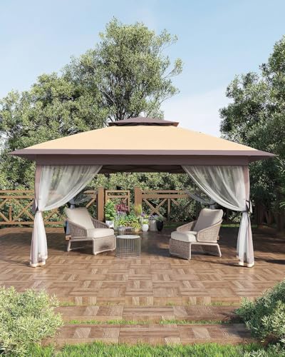 11x11 Pop Up Gazebo Tent with Mosquito Netting, Outdoor Canopy Shelter Easy Setup, Water & UV Resistant - Khaki