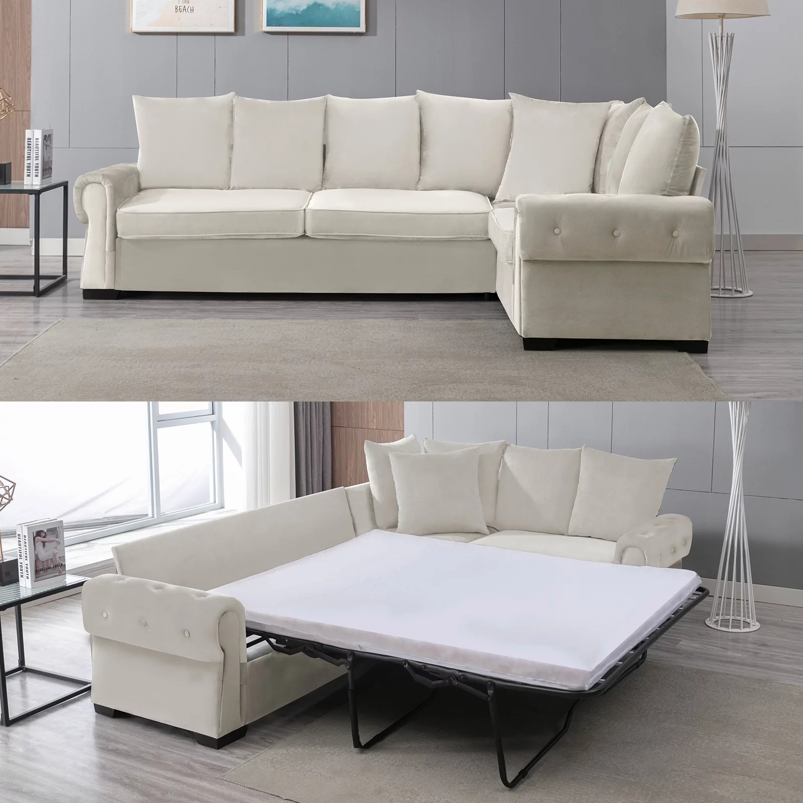 Mixoy 76"W L-Shaped Pull Out Sofa Bed, Convertible Sleeper Sofa, Reversible Velvet Large Couch with Mattress for Living Room/Office, Beige - Curated Treasures Market