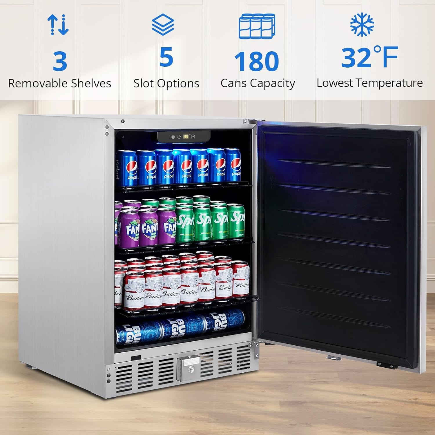 24 inch Undercounter Refrigerators, Weatherproof Outdoor Fridge with Stainless Steel Body for Patio, Beverage Refrigerator with Removable Shelves, Lockable Design for Home and Commercial 5.0 Cu.Ft