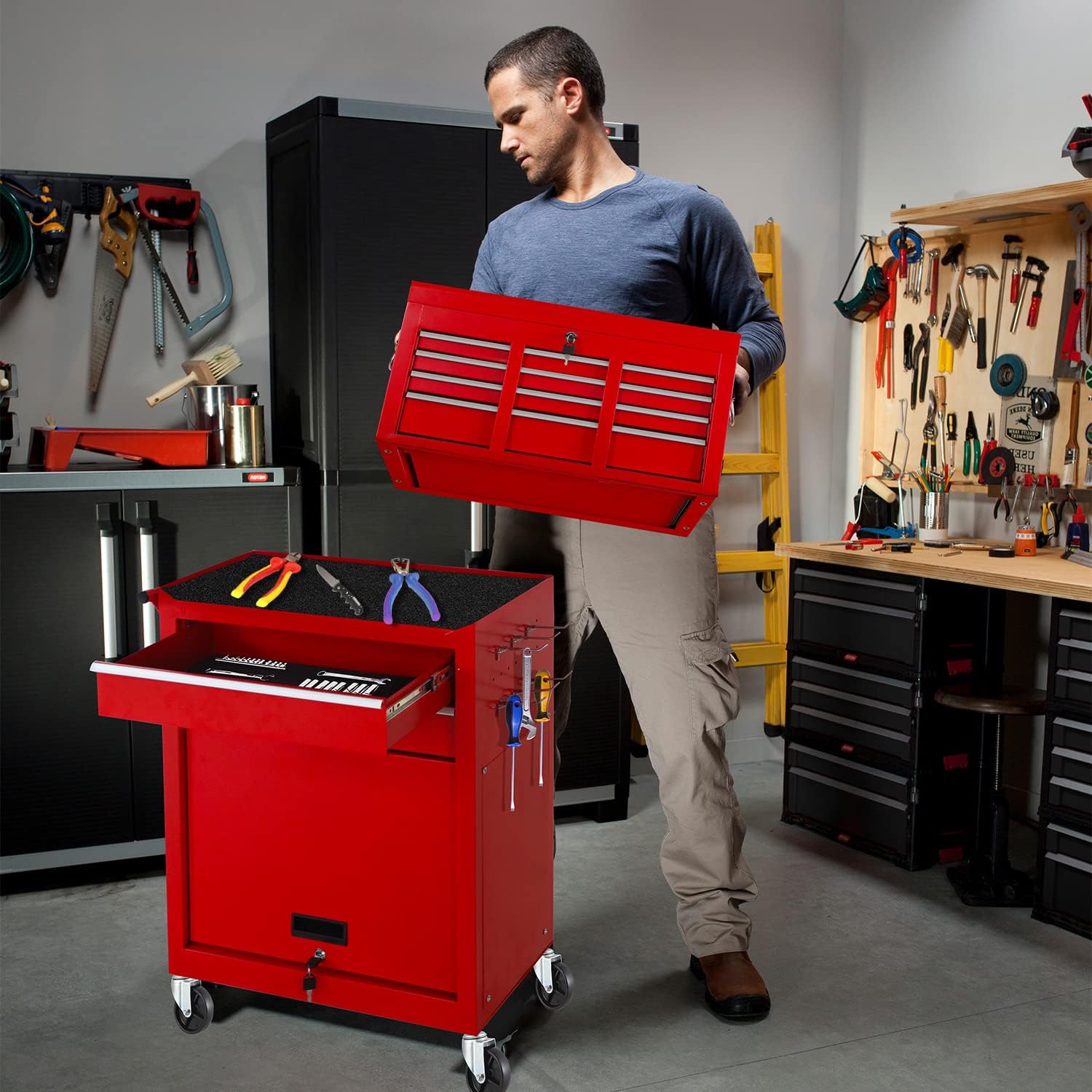 Tool Chest, 8-Drawer Rolling Tool Chest with Wheels, Detachable Red Metal Tool Cabinet with Lock Top Tool Box, for Garage, Warehouse, Workshops, Repair Shop