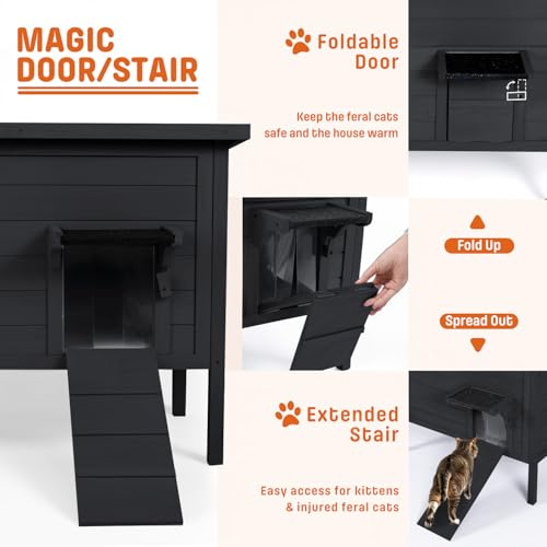 BRIOPAWS Outdoor-Cat-House-Insulated | Feral-Cat-Shelter for Winter | Weatherproof | Large Wooden Pet House for Multiple Cats | Foldable Ladder | Acrylic Side Window | Grey
