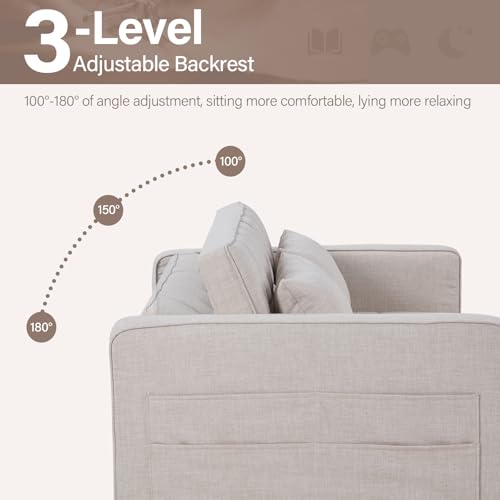 3-in-1 Convertible Sleeper Sofa Bed, Futon Couches with Pullout Bed, 2-Seater Loveseat Sofa with Storage Pockets, Adjustable Backrest and Toss Pillows for Living Room Apartment, Grey