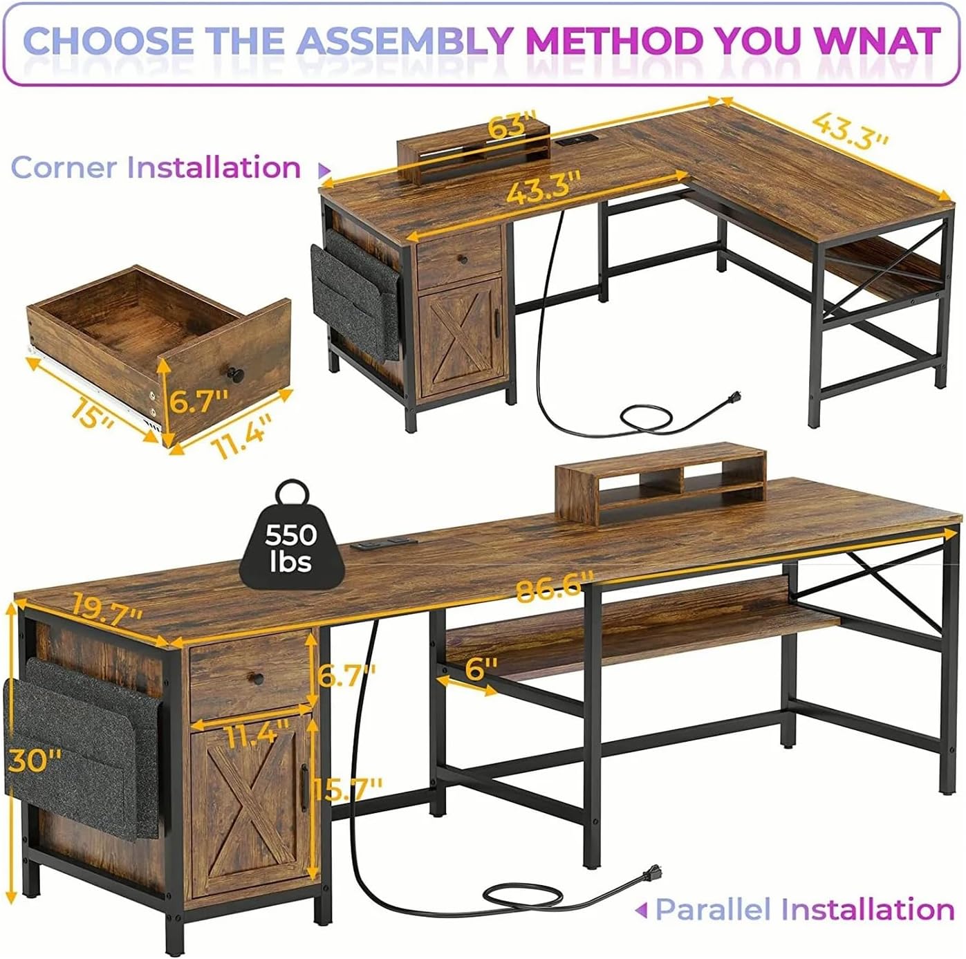 New 87 Inches Rustic Brown L Shaped Computer Desk Corner Reversible Long Home Office Table with Monitor Stand Gaming Power Outlet Shelf Shelves Storage Drawer Metal Wood Modern 86.6”L x 19.7”W x 30”H