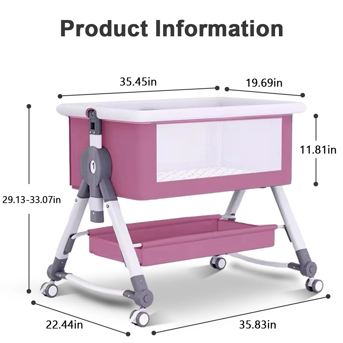 Baby Bassinet, 4 in 1 Infant Bedside Crib with Storage Basket and Wheel &Changing Table, Adjustable Infant Cradle, Pink