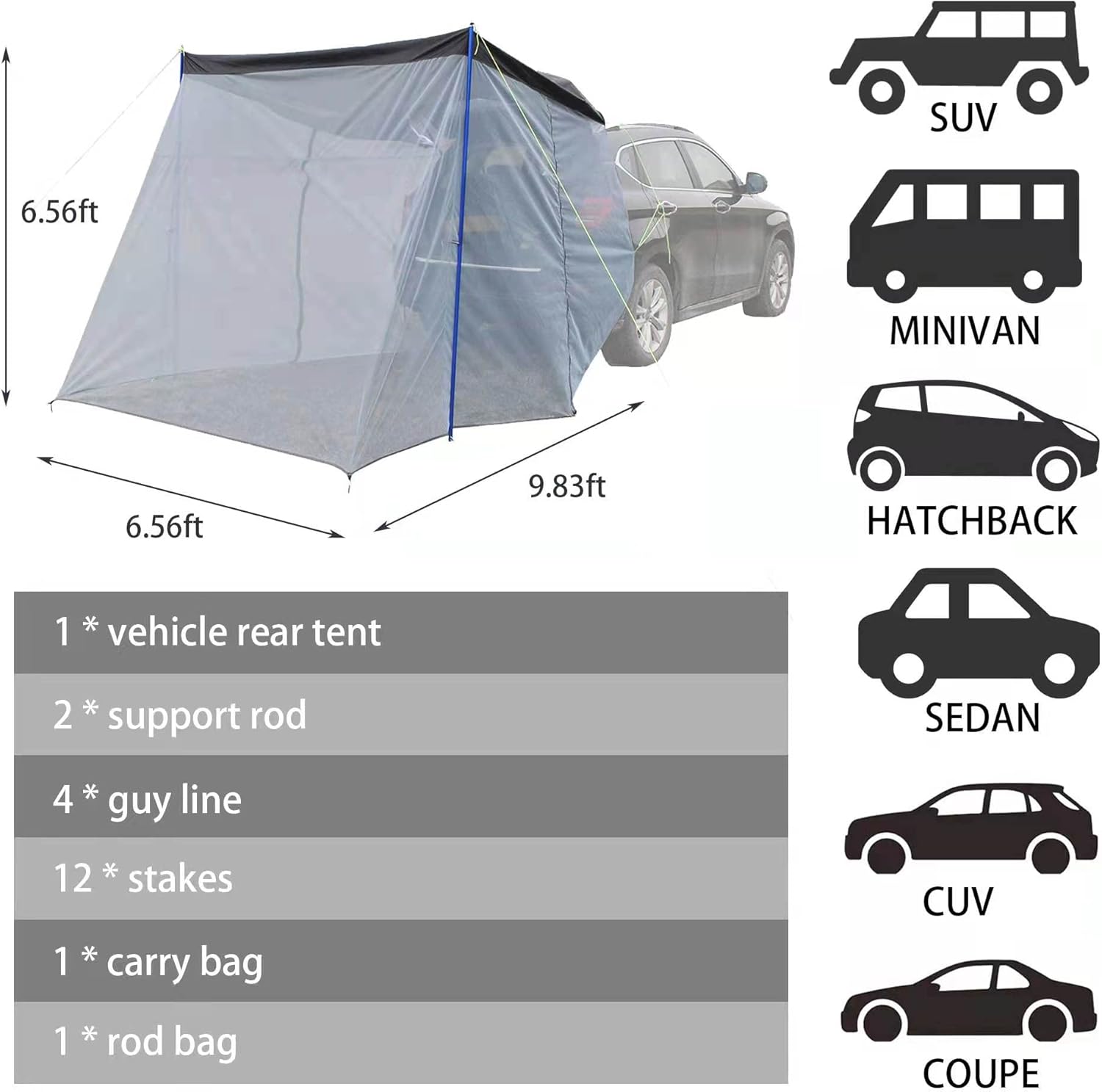 Car Awning Tent Shade Car Rear Tent, SUV Awning Canopy, Van Awning with Screen, Portable Awning for Camping, 3-4 Person