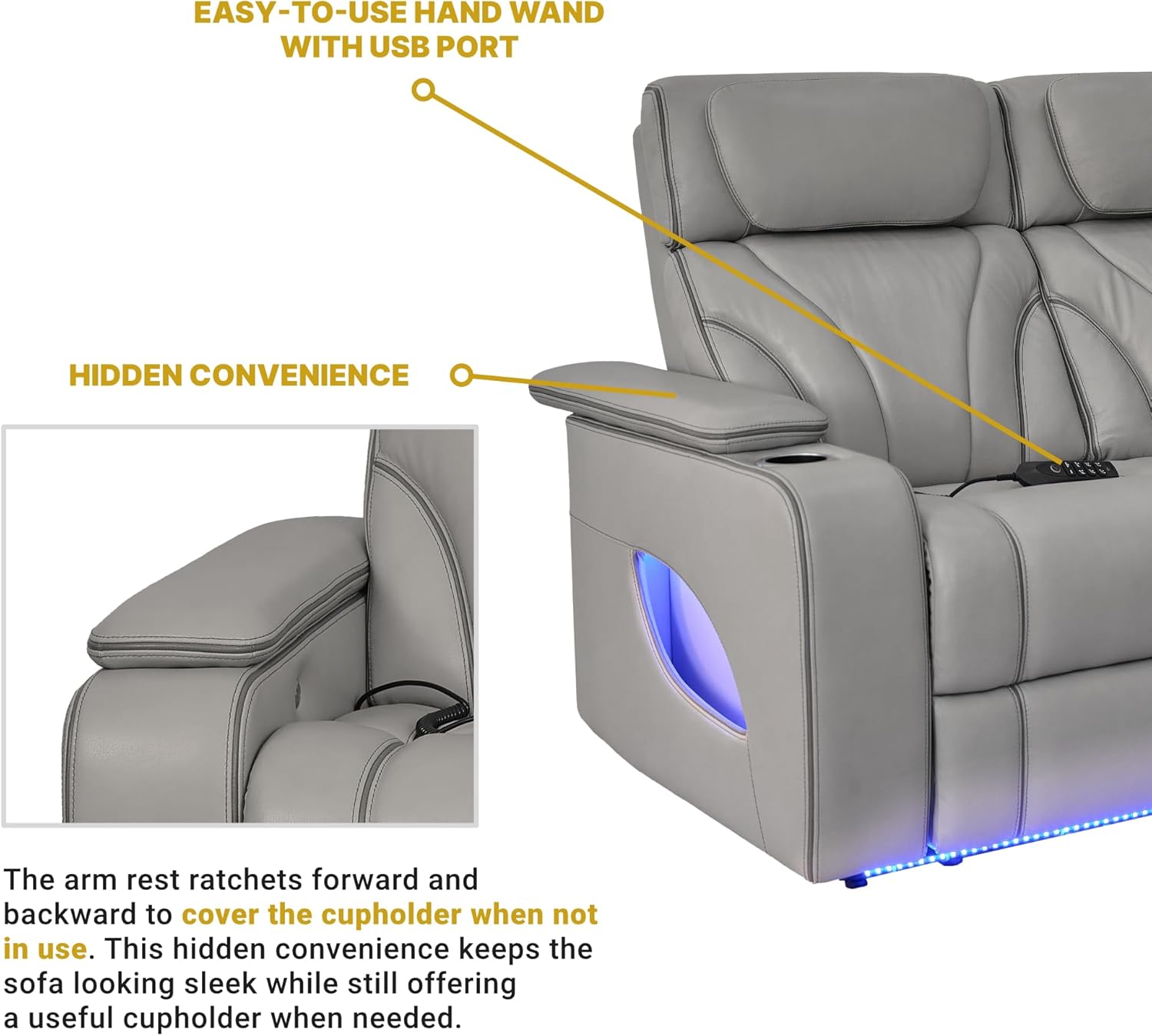 Armen Living Octavia Modern Zero Gravity Power Reclining Heated Massage Sofa, 86" Wide, Silver and Gray Top Grain Leather