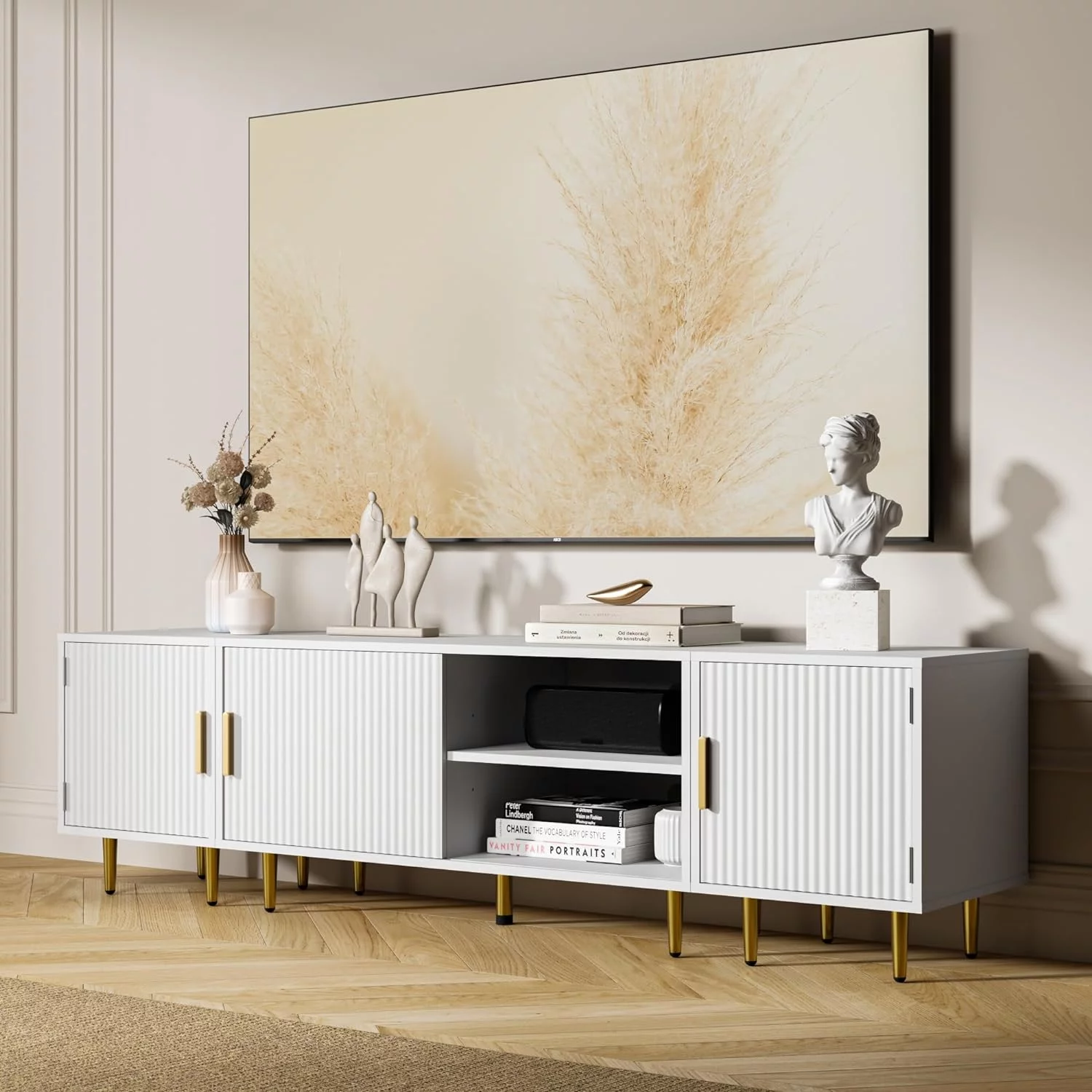 Cozy Castle 70" TV Stand for 50/60/70/80 inch TV, Modern Entertainment Center for Up to 80" TV, TV Media Stand with Storage Cabinet, TV Console with Gold Legs for Living Room, Bedroom, White