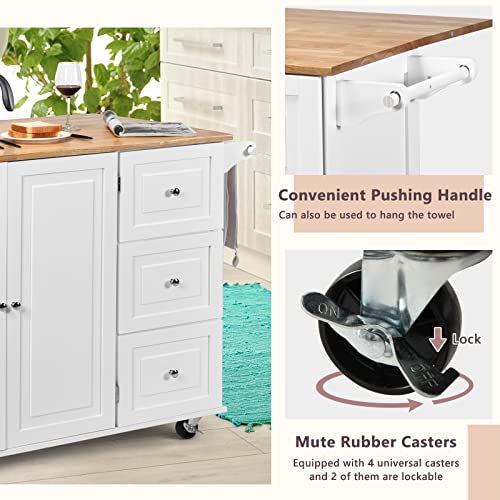 SILKYDRY Kitchen Island with Stainless Steel Top, Rolling Kitchen Trolley Cart with Storage Cabinet, 3 Drawers, Towel & Spice Rack, Island Table for Kitchen, Dining Room