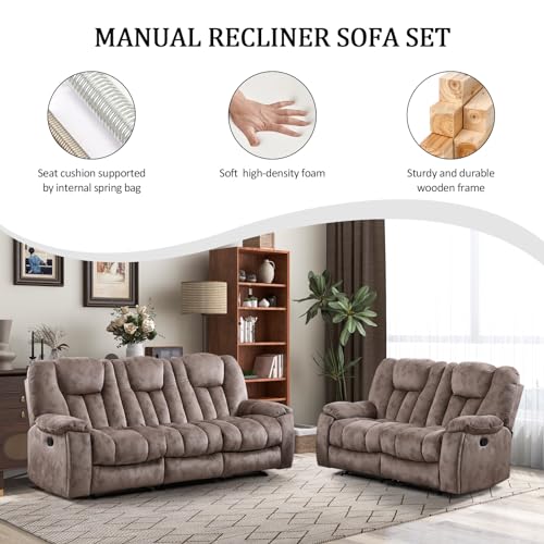 CANMOV Manual Recliner Sofa-Soft Fabric Reclining Living Room Set Loveseat Massage Heated Recliner Couch with Cup Holders, Side Pocket for Adults Elderly Apricot