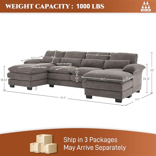 OUYESSIR 114" U Shape Sectional Sofa Cloud Couch for Living Room, Upholstery Comfy Modular Sofa, 4 Seat Chenille L-Shaped Sleeper Sofa with Chaise Lounge, Ottoman & Pillows,Beige White