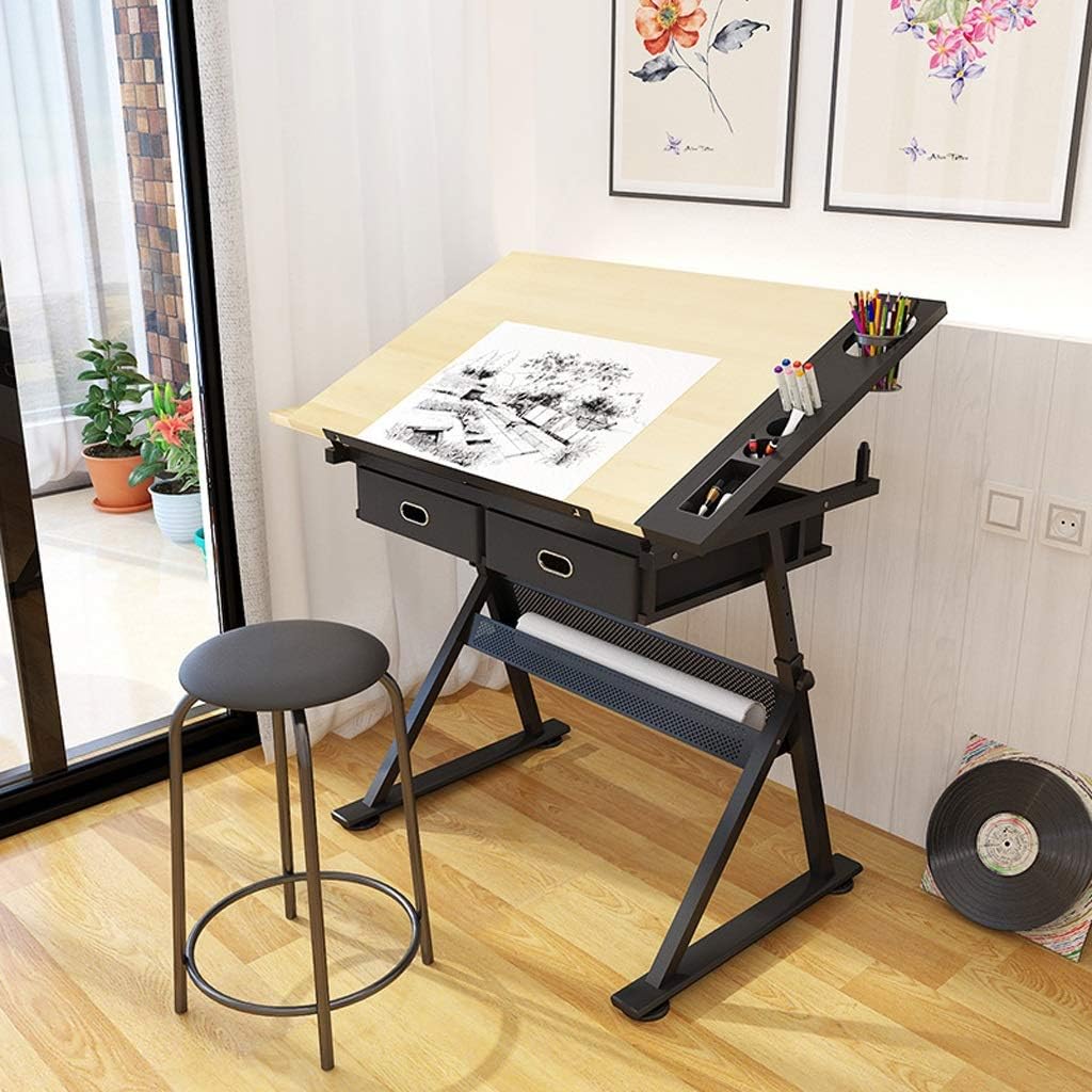 HONGYANG Drafting Desk, Height Adjustable Drawing Desk, Tiltable Craft Table with Storage, Maple Panel Art Desk, for Home Office Drafting Table