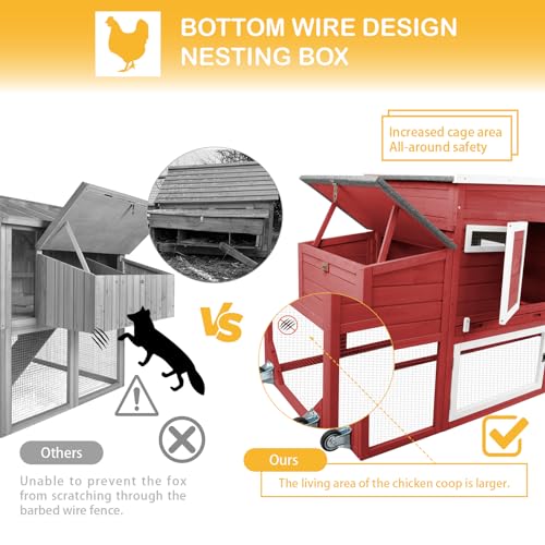 78" Wooden Chicken Coop with Nesting Wheels,Outdoor Mobile Hen House Poultry Pet House with Wheels,Removable Tray,UV Proof Asphalt Roof,Ramp Run for Backyard Garden(White/Red)