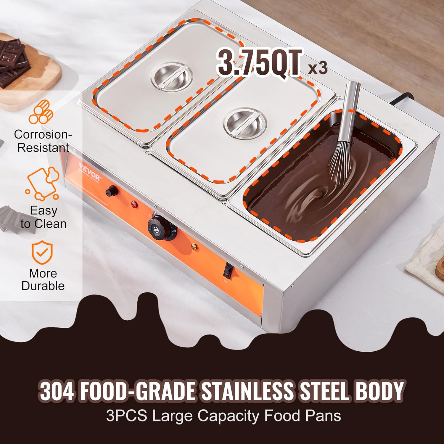 Chocolate Tempering Machine, 26.5 Lbs 3 Tanks Chocolate Melting Pot TEMP Control 86~185℉, 1500W Stainless Steel Electric Commercial Food Warmer For Chocolate/Milk/Cream Melting and Heating