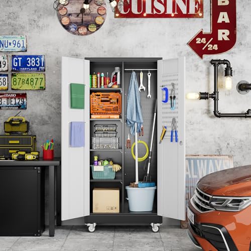 73" H Metal Storage Cabinet with Wheels, Garage Storage Cabinet with 4 Adjustable Shelves and Lockable Doors for Garage Home Office Utility Room,Required Assembly,Black
