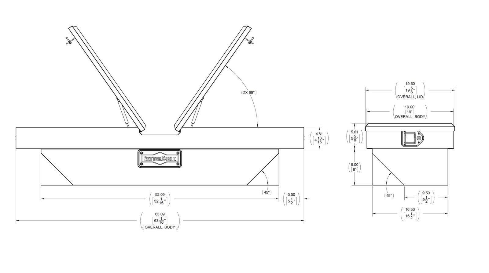 Better Built Universal Truck Tool Box, Aluminum, Double Lid, Standard, 63x22