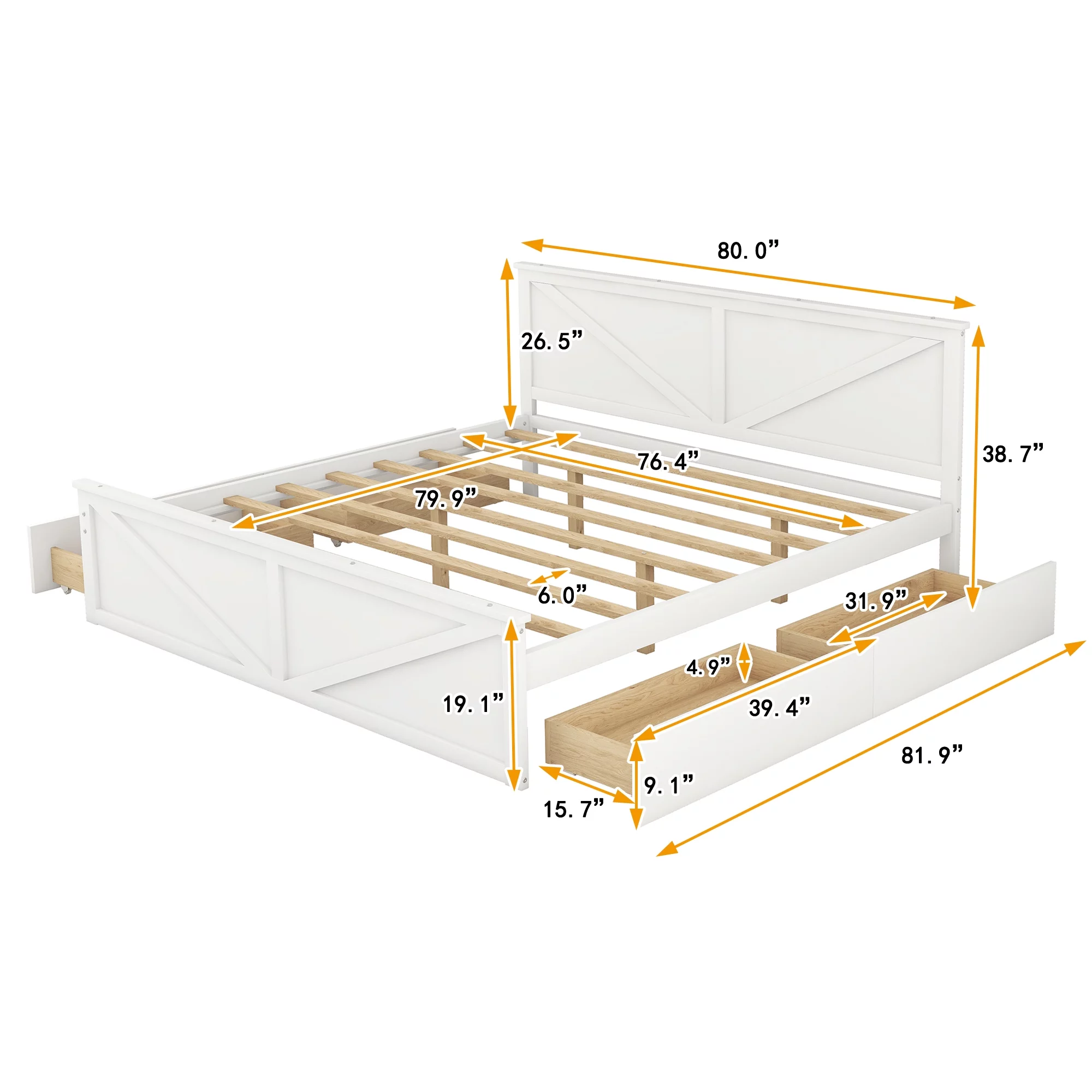 iRerts King Bed Frame with Headboard, Solid Wood King Platform Bed Frame with Storage Drawers, Slats Support and Support Legs, Modern King Size Bed Frame No Box Spring Needed for Bedroom, White