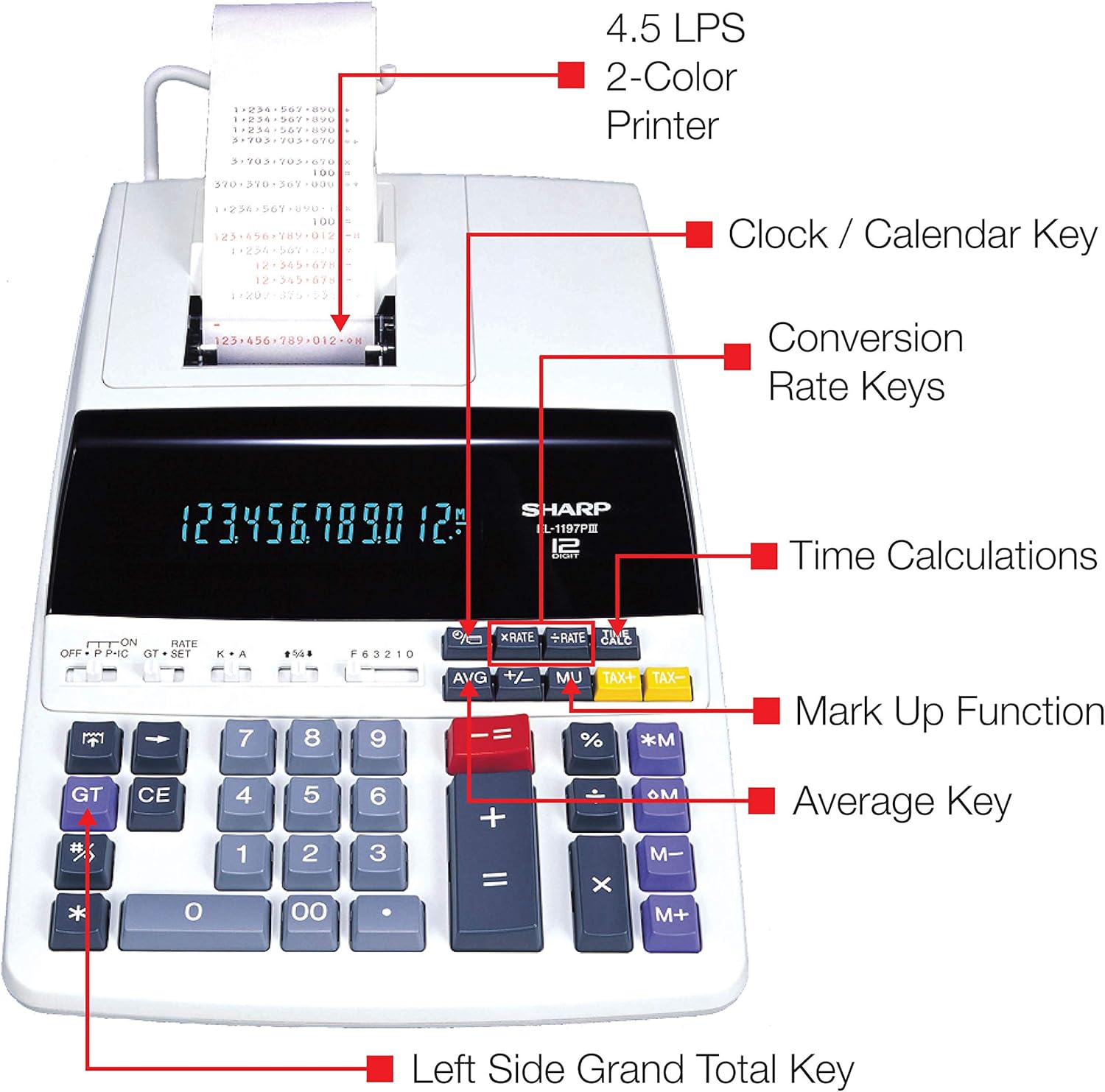 Sharp EL-1197PIII Heavy Duty Color Printing Calculator with Clock and Calendar