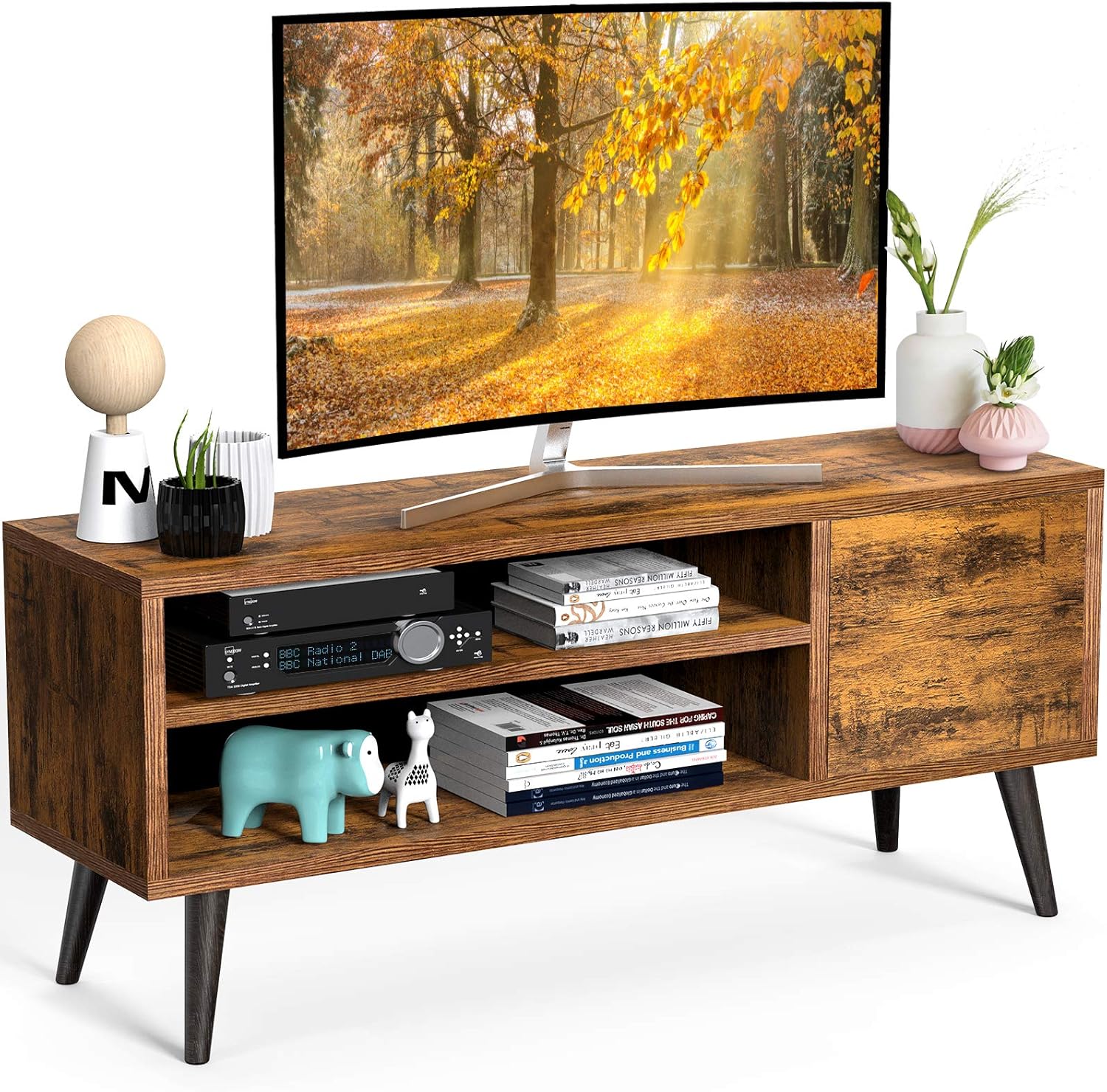 TV Console Table with Storage for TV up to 55 in, Retro TV Stand for Media Cable Box Gaming Consoles, Mid Century Modern TV Stand & Entertainment Center Wood TV Stand for Living Room Bedroom, APRTS01