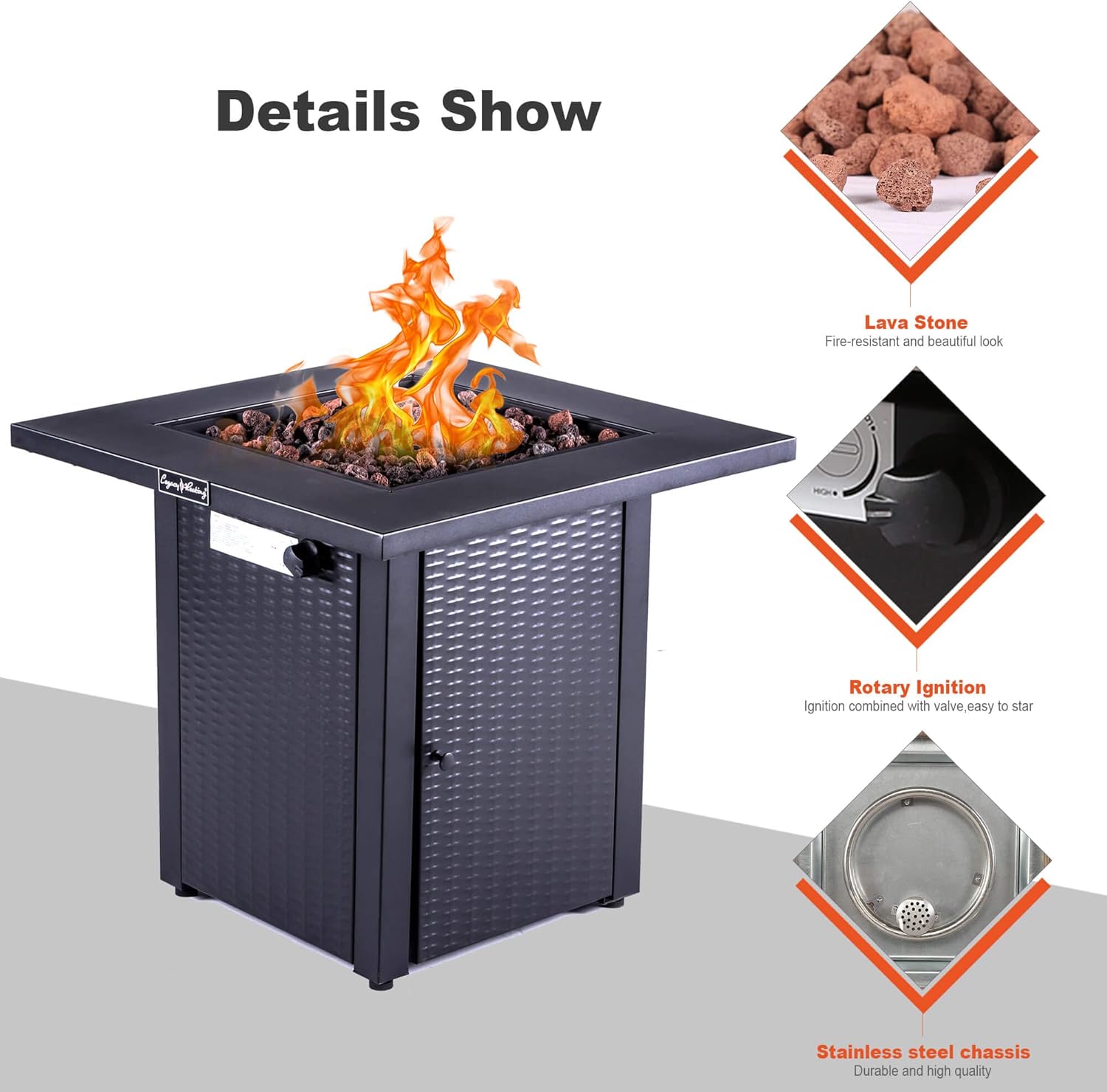 28&ldquo; Outdoor Gas Fire Pit Table Propane Fire Pits, 50000 BTU, with Lid, Rattan & Wicker-Look, Lava Stone, ETL Certification, Add Ambience to Gatherings and Party On Patio Deck Garden Backyard