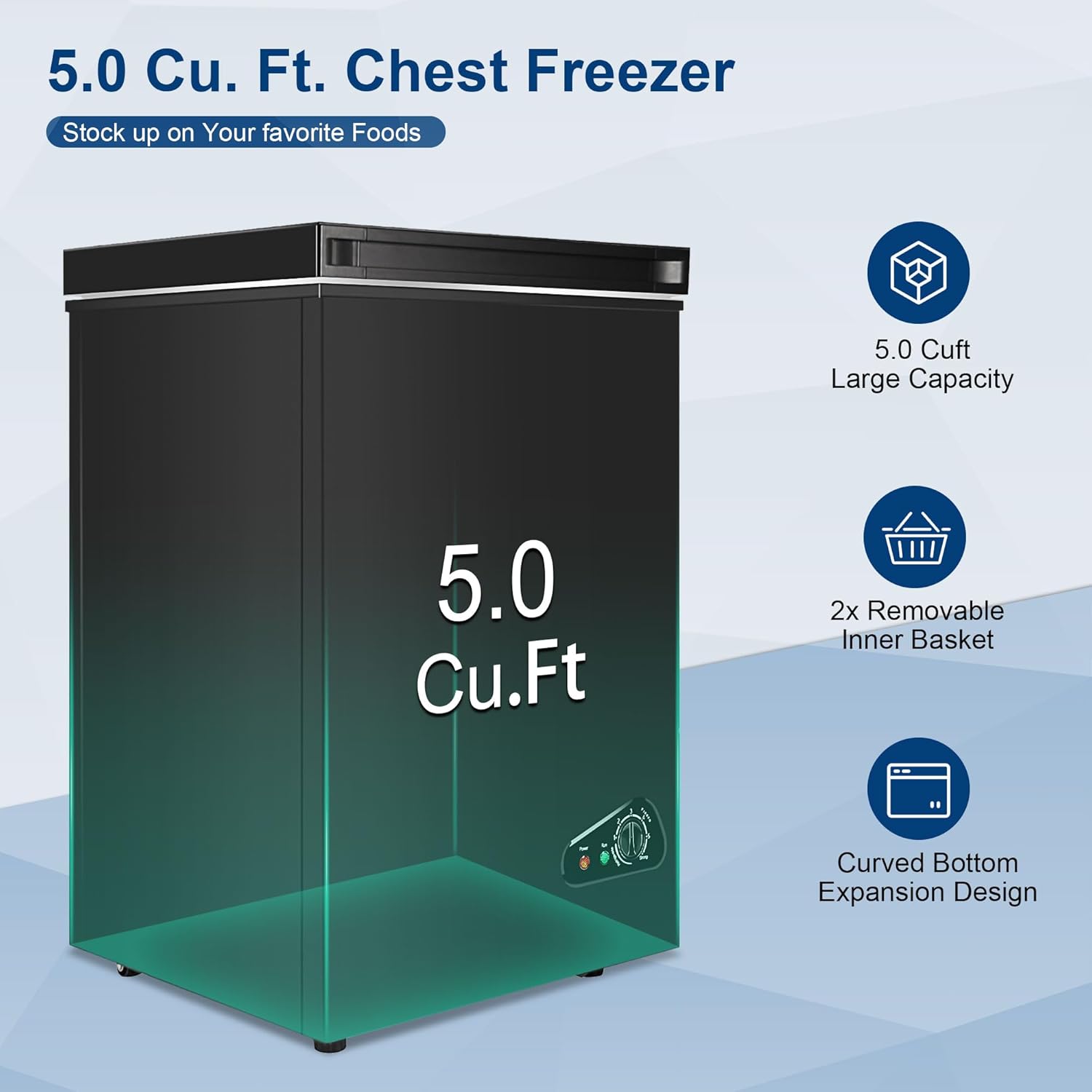 Compact Chest Freezer, 5.0 Cu Ft Deep Freezer with Removable Storage Basket, Mini Freezer with 7 Temperature Levels Thermostat, Black Top Open Door Freezer Ideal for Home, Kitchen & Office