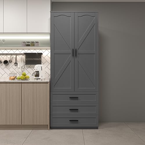 72" LED Kitchen Pantry Cabinet with 3 Drawers Farmhouse Tall Storage Cabinet Wood Food Pantry with Barn Doors and Adjustable Shelves Versatile Storage Freestanding Cupboard for Kitchen