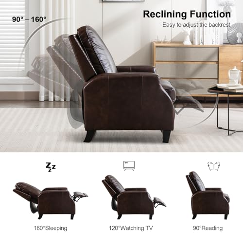 CANMOV Genuine Leather Recliner Chair Set of 2, Classic and Traditional Push Back Recliner Chair with Solid Wood Legs, Adjustable Single Sofa with Nailhead Trim for Living Room,Bedroom, Reddish Brown
