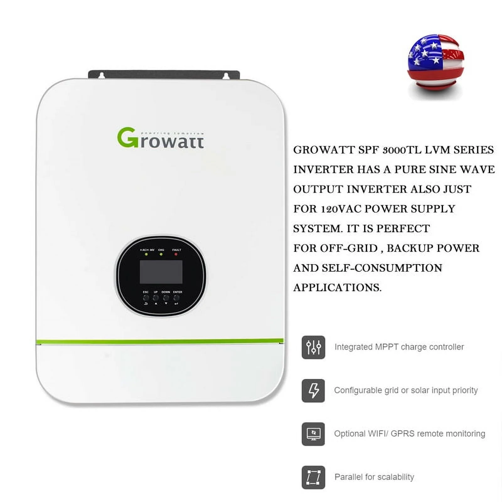 3000W Growatt Solar Inverter Split Phase DC 48V 120VAC Pure Sine Wave Built in MPPT 80A Solar Battery Charger Controller