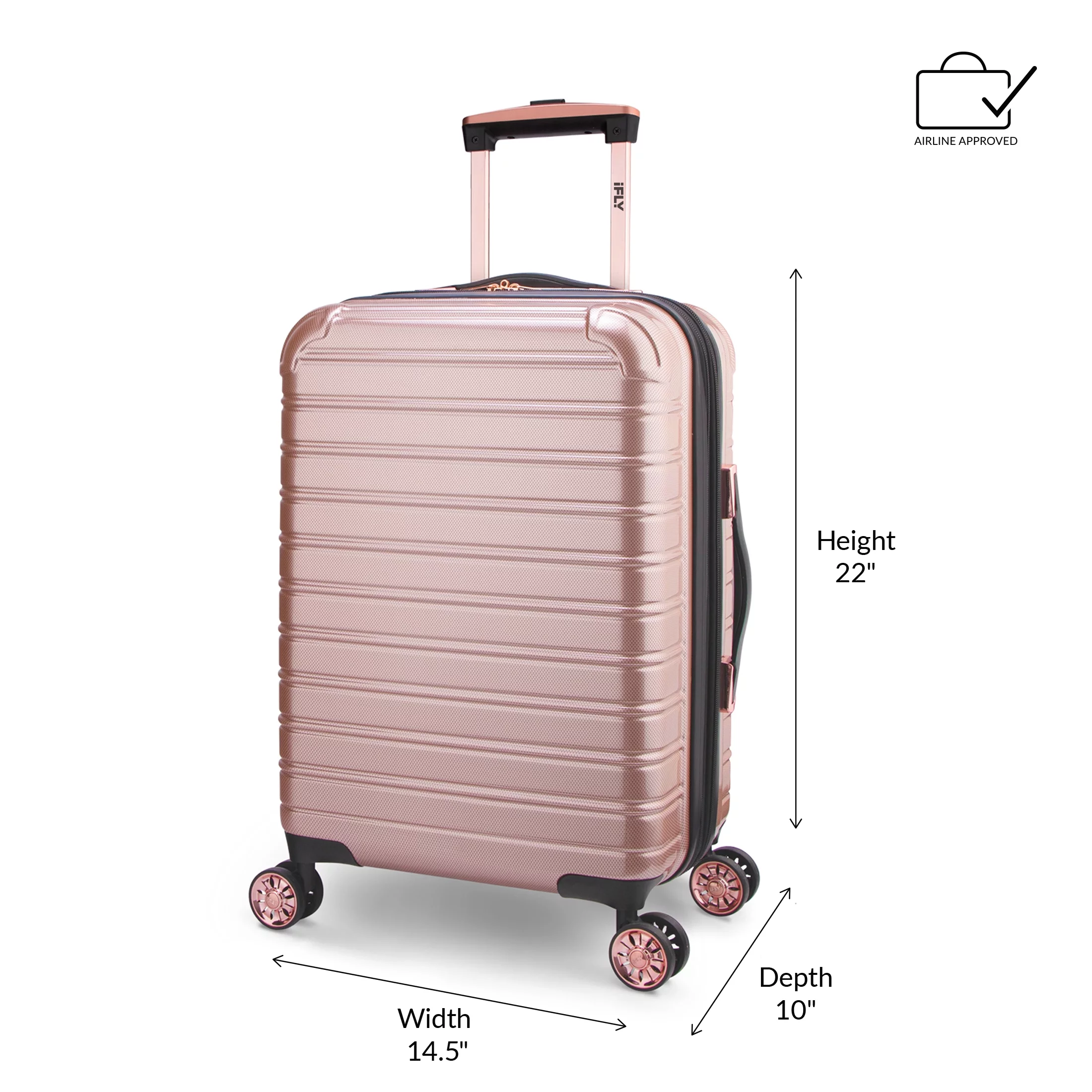 iFLY Hardside Luggage Fibertech 3 Piece Set, 20" Carry-on Luggage, 24" Checked Luggage and 28" Checked Luggage, Rose Gold
