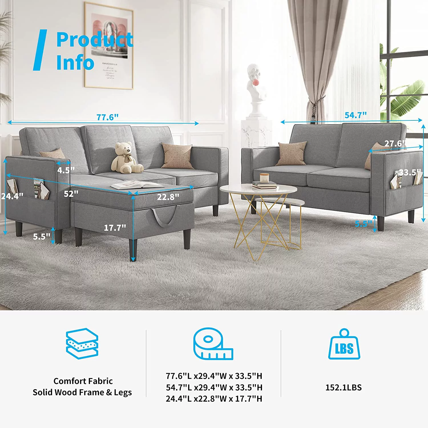Mjkone Convertible Sectional Sofa Couch with Storage Ottoman, 3 Pcs Couch Set with Storage Pockets, Sectional Couches for Living Room, 3-Seater + Ottoman + 1-Loveseat (Light Gray)