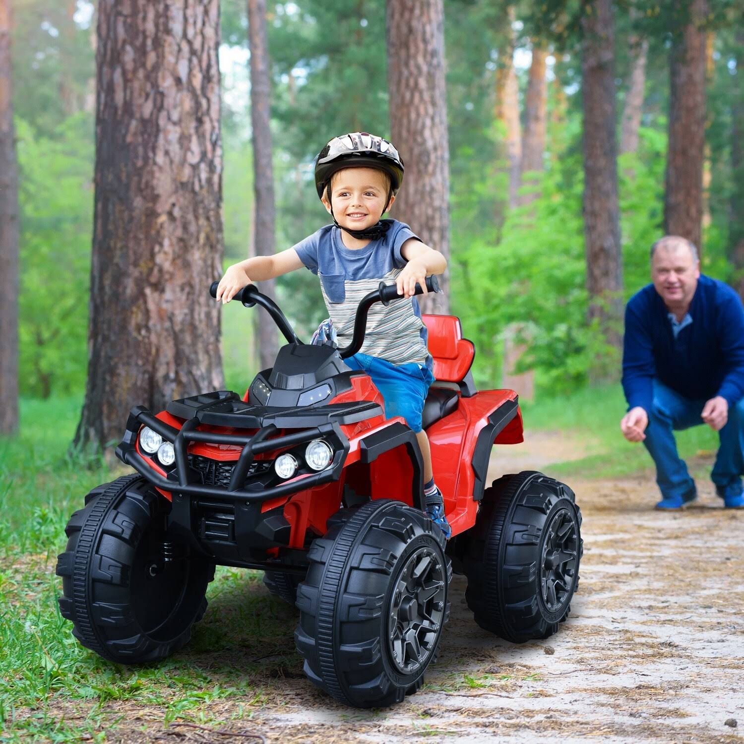 Aosom Kids Ride-On Four Wheeler ATV Car with Real Working Headlights, Music/Radio Player, u0026 Smooth SUSPENSION, Red