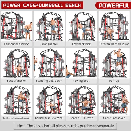 L05/07 Smith Machine，Multi-Function Squat Rack Power Cage with Cable Crossover System,with Weight Bench, Olympic Barbell Weight Set, for Home Gym