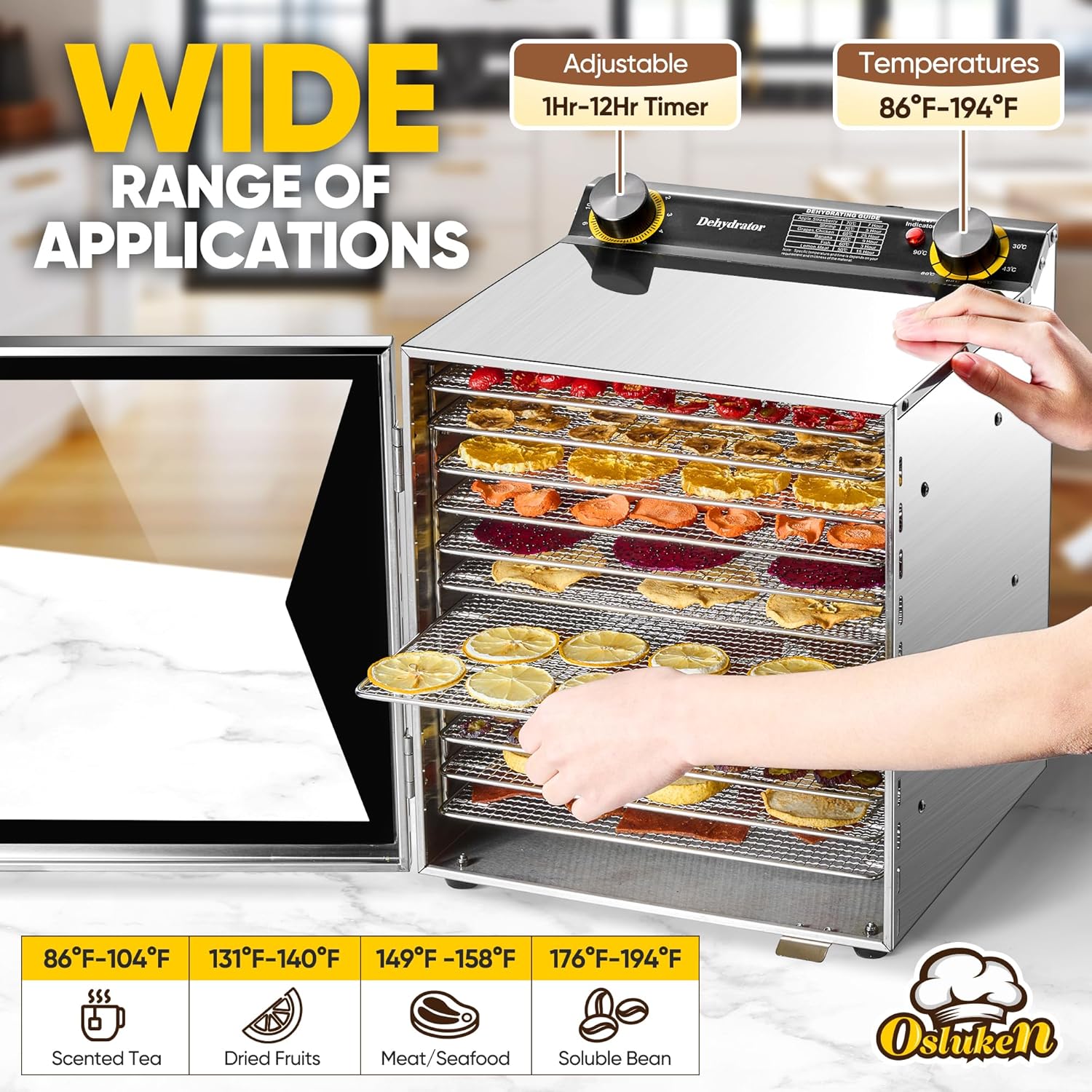 Food Dehydrator Machine 800W, 12 Stainless Steel Trays Dehydrated Dryer with 12H Timer & 86°F-194°F Temperature Control for Beef Jerky, Meat, Fruit, Herb, Dog Treats, Veggies, Recipe Book