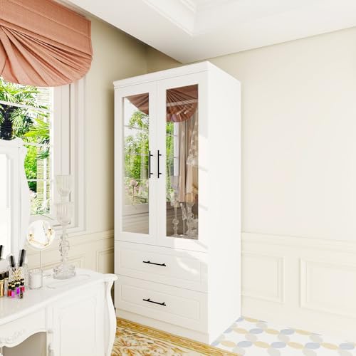 Wood Armoire Wardrobe Closet with Mirror,3 Door Bedroom Armoires Wardrobe Closet with 2 Drawers, Large Wardrobe Closet Storage Cabinet with Hanging Rail, White