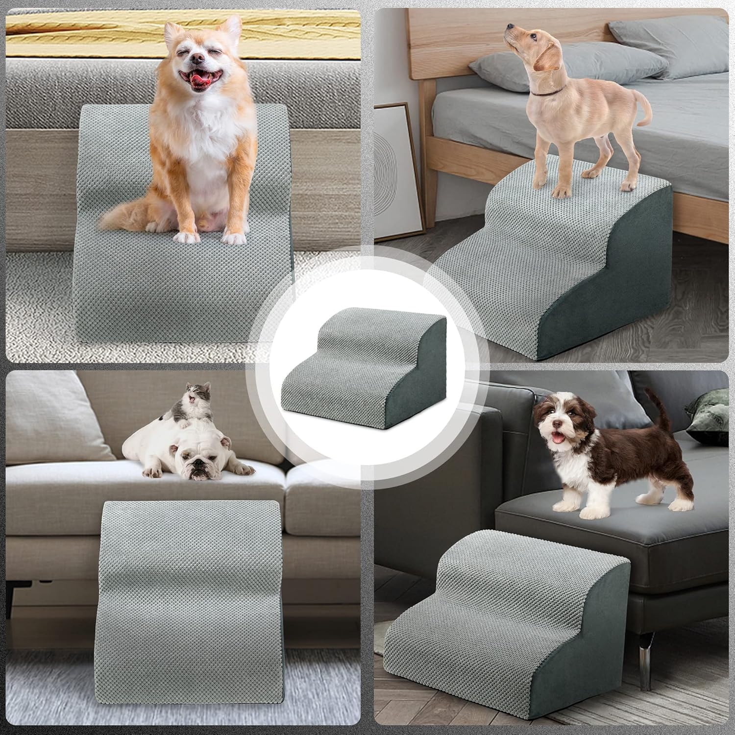 MALOROY Foam Dog Ramps, Dog Stairs Ladder Pet Ramp Stairs Non-Slip Pet Step for Older Dogs, Pet with Joint Pain, Sofa Bed Ladder for Cats (Grey)