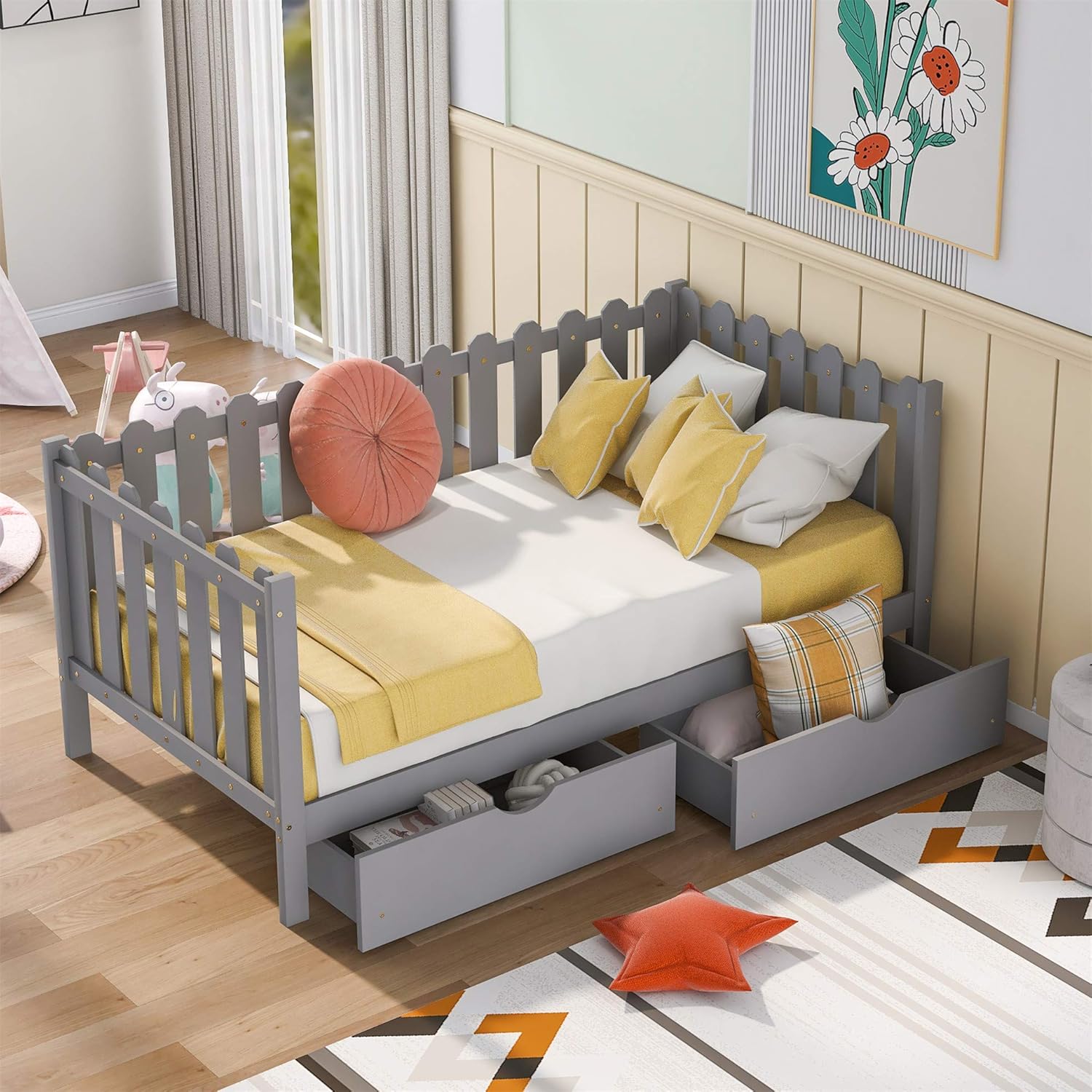 Twin Size Daybed with 2 Large Drawers, Wooden Daybed with X-Shaped Frame, Modern and Rustic Casual Style Daybed (White)
