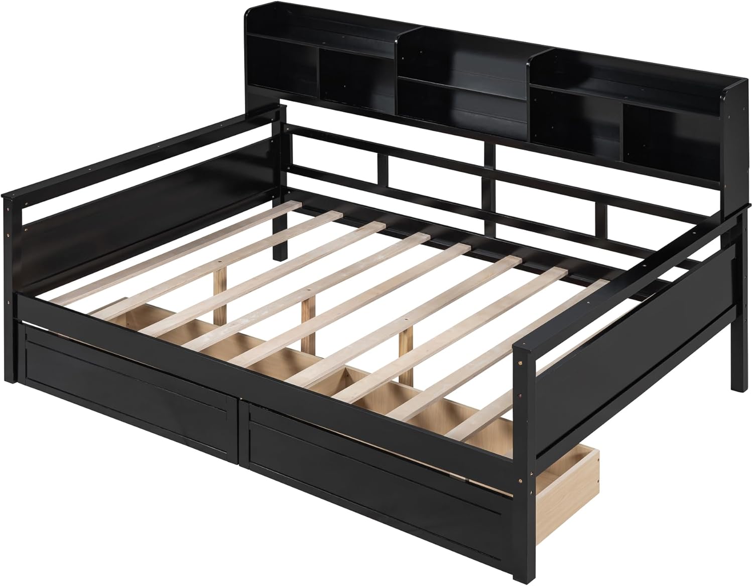 Full Size Wood Daybed with 2 Storage Drawers and Bedside Shelves, Sofa Bed Frame for Livingroom, Bedroom, Espresso