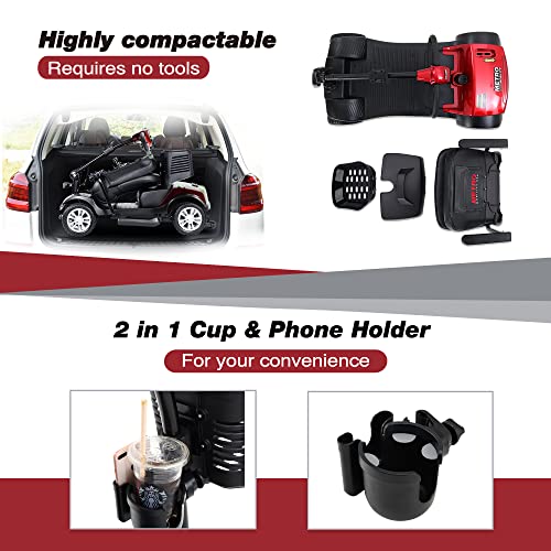 Electric Mobility Scooter for Seniors and Adults - Outdoor Electric Powered Wheelchair Device 300 LBS Max Weight- Compact Heavy Duty Mobile Scooter for Travel, Adults w/Cup & Phone Holder- Red