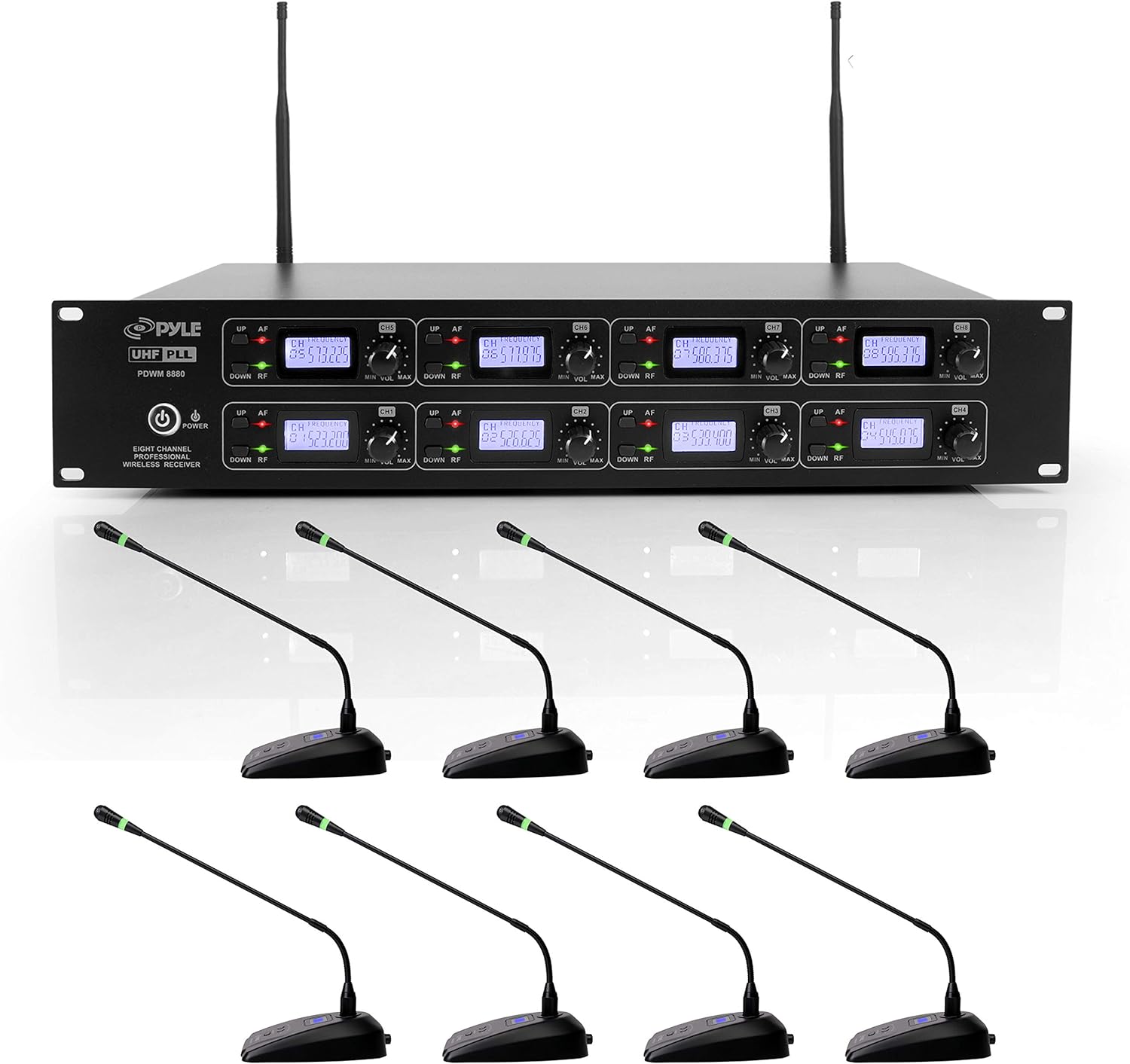 8 Channel Conference Microphone System - UHF Desktop, Table Meeting Wireless Microphones & Receiver w/ 8 Gooseneck Mics, Rack Mountable & LED Audio Signal Indicator Lights - Pyle PDWM8880