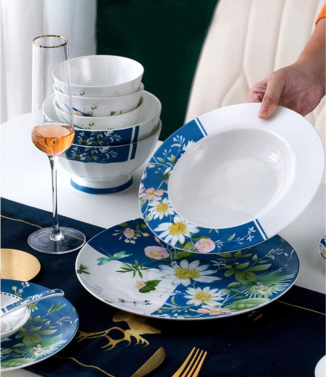 Dinnerware Sets - Luxury Gift Dishes Service Set, 56-Piece Luxury Dinnerware Service for 10 Set Ceramic Bone China Tableware Set Bowl and Plate Mugs Spoon Household Gift