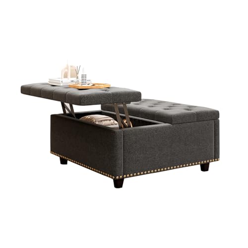 Large Square Storage Ottoman Coffee Table, 32'' Oversized Square Ottoman with Storage, Linen Upholstered Storage Ottomans with Lift Top & Nailhead Trim for Living Room, Light Grey