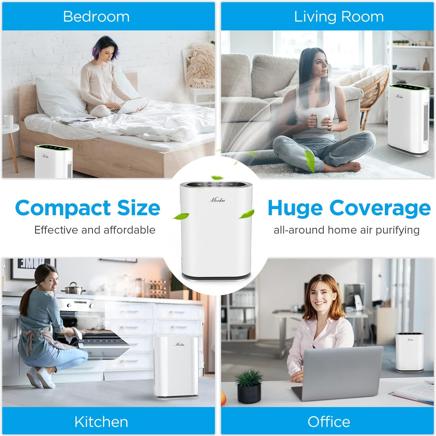 MOOKA TRUE HEPA+ Air Purifier, Auto Mode, Built-in Sensor, Activated Carbon, UV Enhanced 6-Point Air Filter, Large Room 1,750 Sq Ft, Remove Allergens Smoke Odor Dust Pollen Pet Dander, 2021